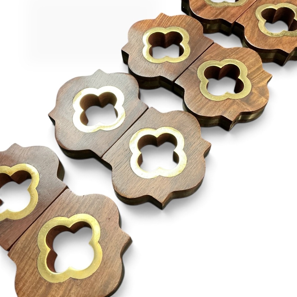 Kim Seybert Moroccan Tile Wood Brass Napkin Rings Set of 8 Luxury Table Decor